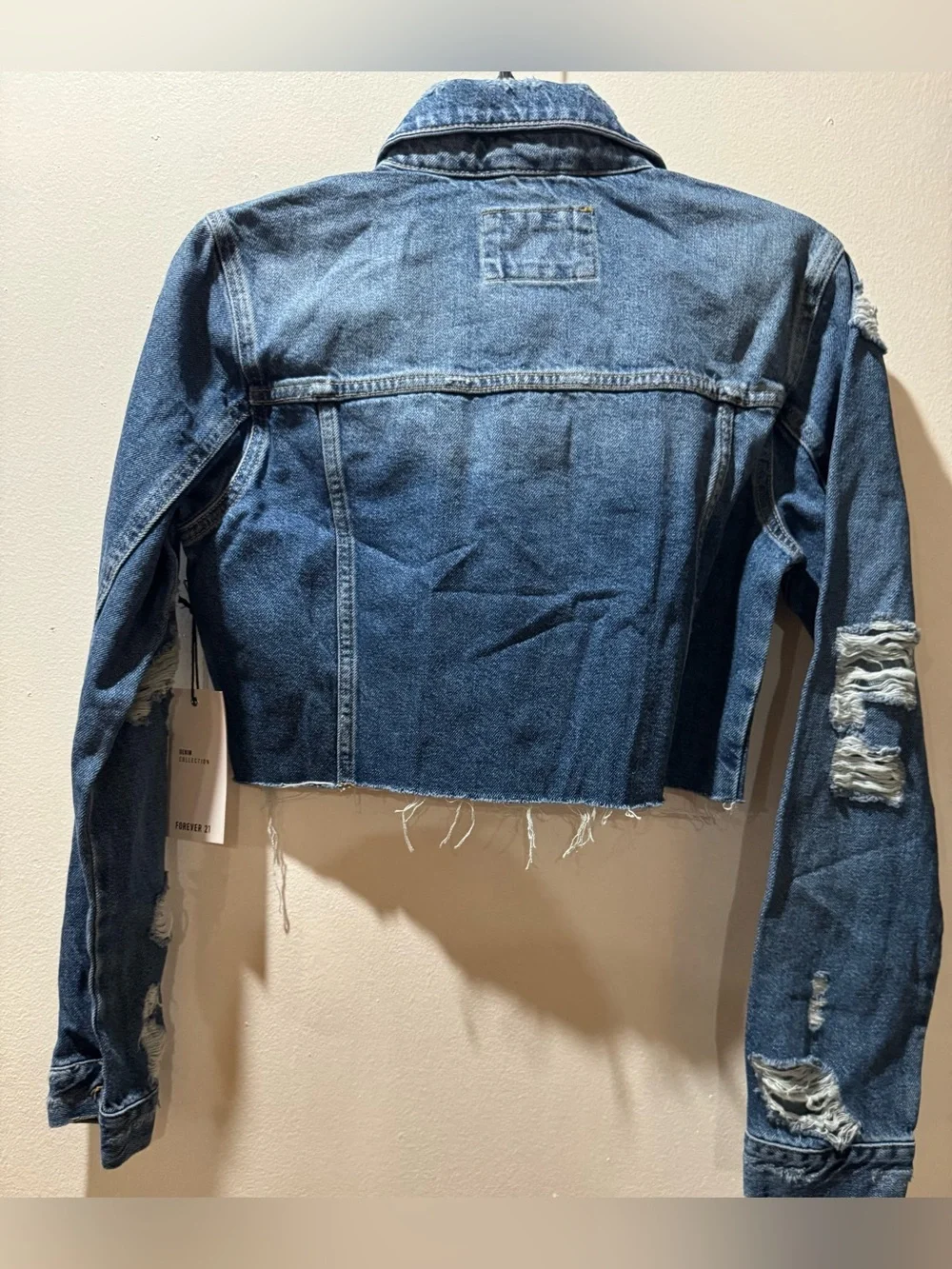 Forever 21 Cropped Distressed Blue Denim Jacket